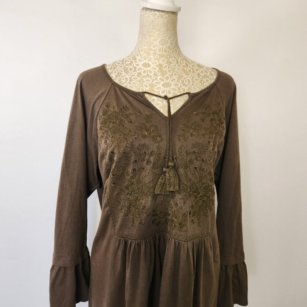J Jill Women's Size L Pine Green Embroidered Tassel Tie Bell Sleeve Peplum Top - Picture 3 of 16